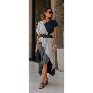 BCBGMAXAZRIA Runway Asymmetric Dress Belted Small Draped Chic Modernist  Avant